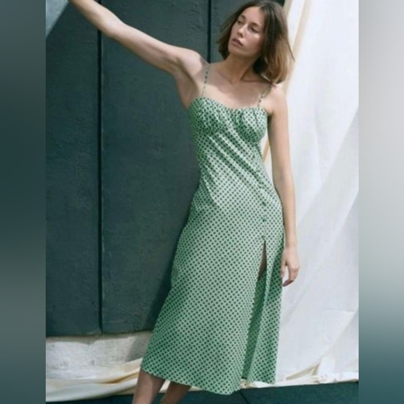 ZARA Linen Blend Polka Dot Turquoise Dress NWT Size Small - Picture 10 of 10